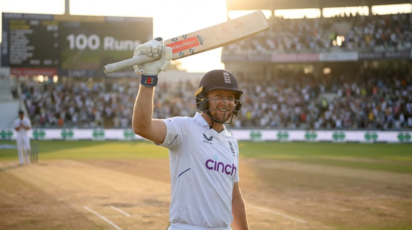 Cricket batsman raising his bat to celebrate a century under stadium floodlights with the crowd applauding