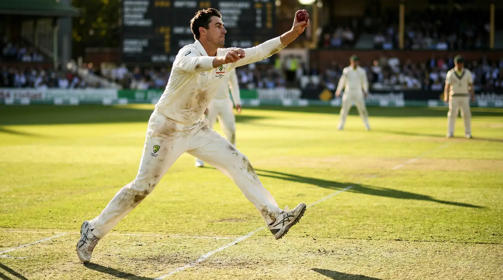 Fast bowler in full delivery stride about to release the ball on a green cricket pitch during a Test match