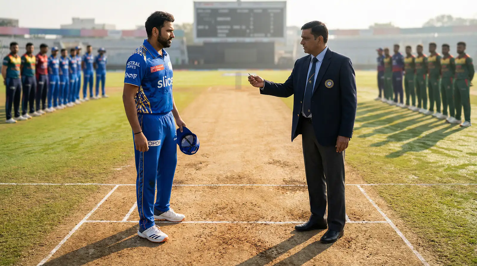 Cricket captain and umpire at the pitch centre during the pre-match toss with both teams lined up behind on a sunny morning