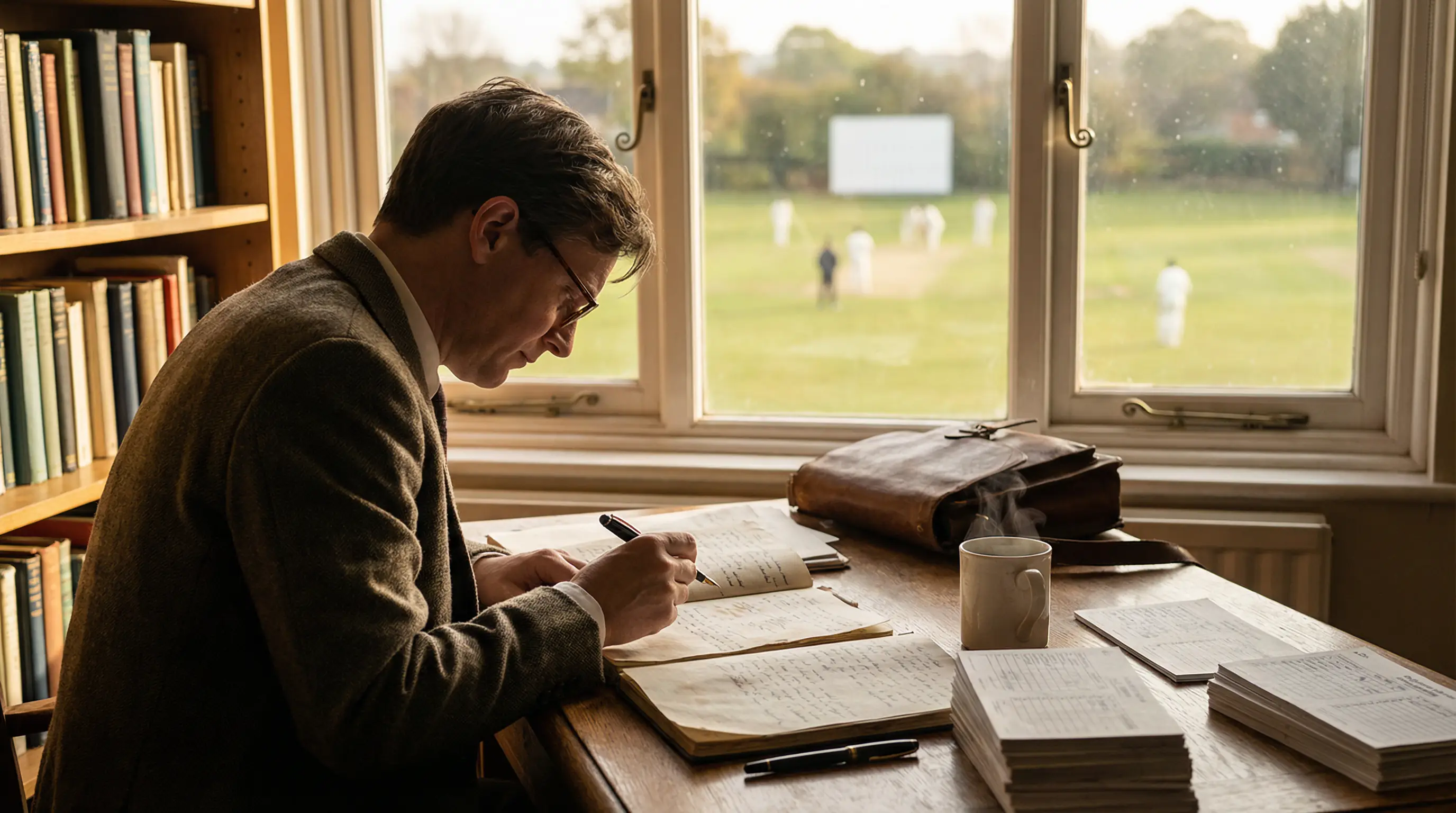Person studying cricket match statistics on paper notes with a cricket ground visible through a window in the background