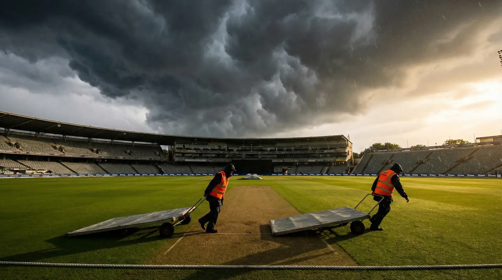 Dark rain clouds gathering over a cricket ground with covers being pulled onto the pitch by ground staff